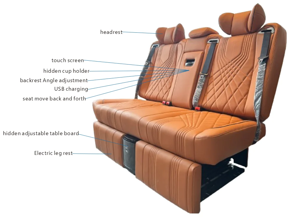 Asiento eléctrico modificado de 3 plazas YZ-S02 con pantalla inteligente y mesa oculta — Vista frontal izquierda y de funciones