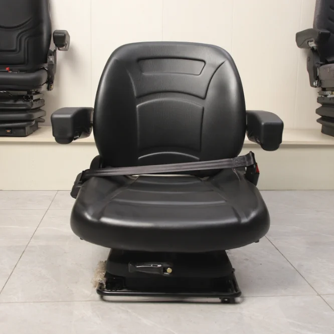 Universal, widened, comfortable, and durable engineering forklift seat featuring mechanical armrests and a sliding seat cushion.