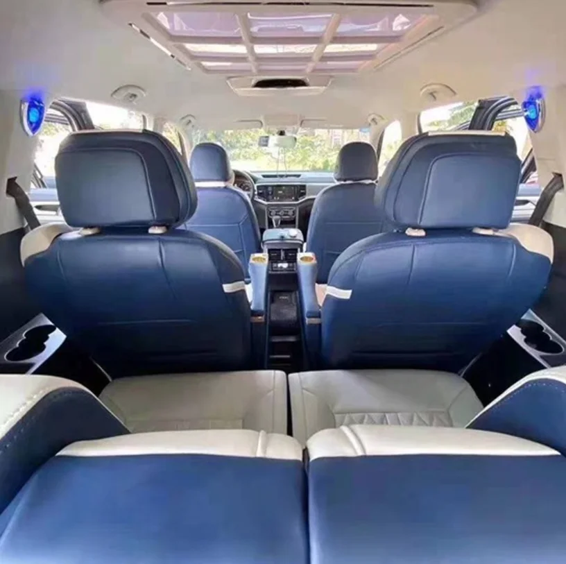 Overall View of the Volkswagen Teramont Blue-and-White Aviation Seat and Interior Upgrade
