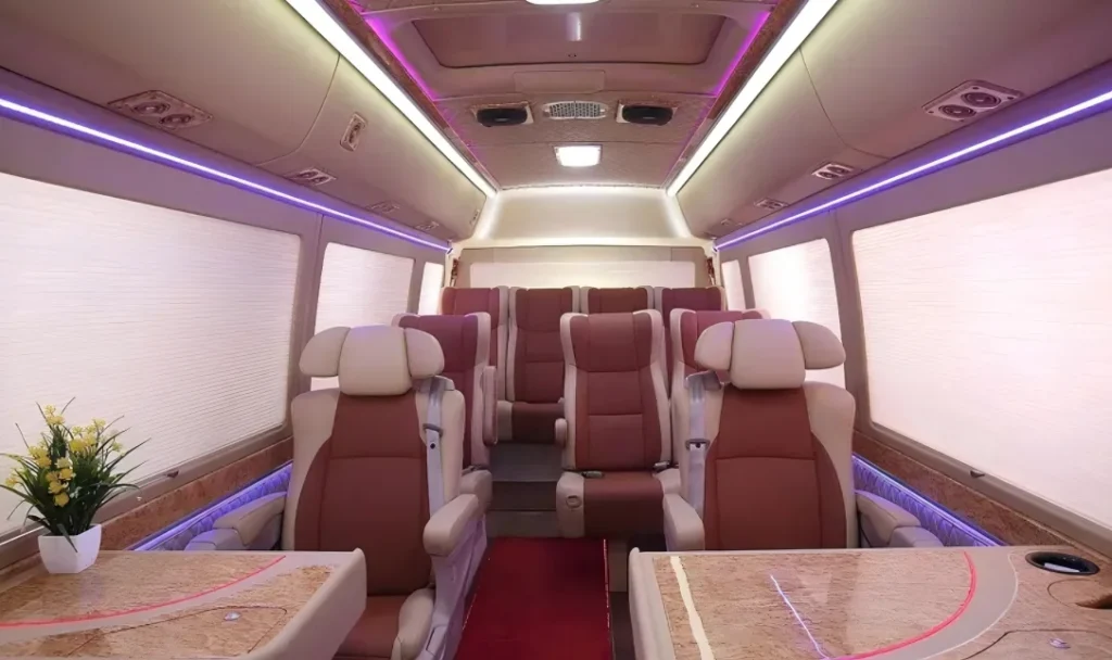 3-2-Toyota Coaster VIP business vehicle interior with LED ambient lighting and entertainment system